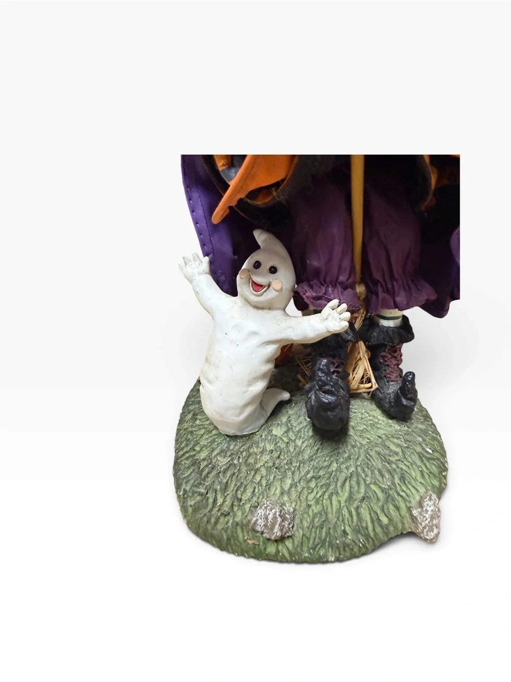 Vintage Halloween Witch & Ghost Figurine 13” Fabric Mache Resin Broom Decor